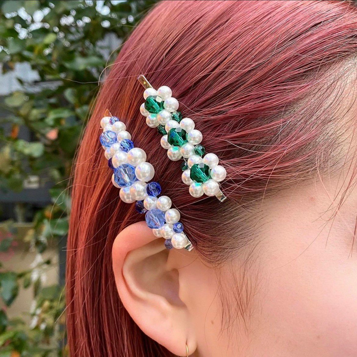 新品未使用　青　ブルー　ウェービーヘアピン フラワー デザイン ビーズ ヘアピン ブルー×ホワイト | Flamingo