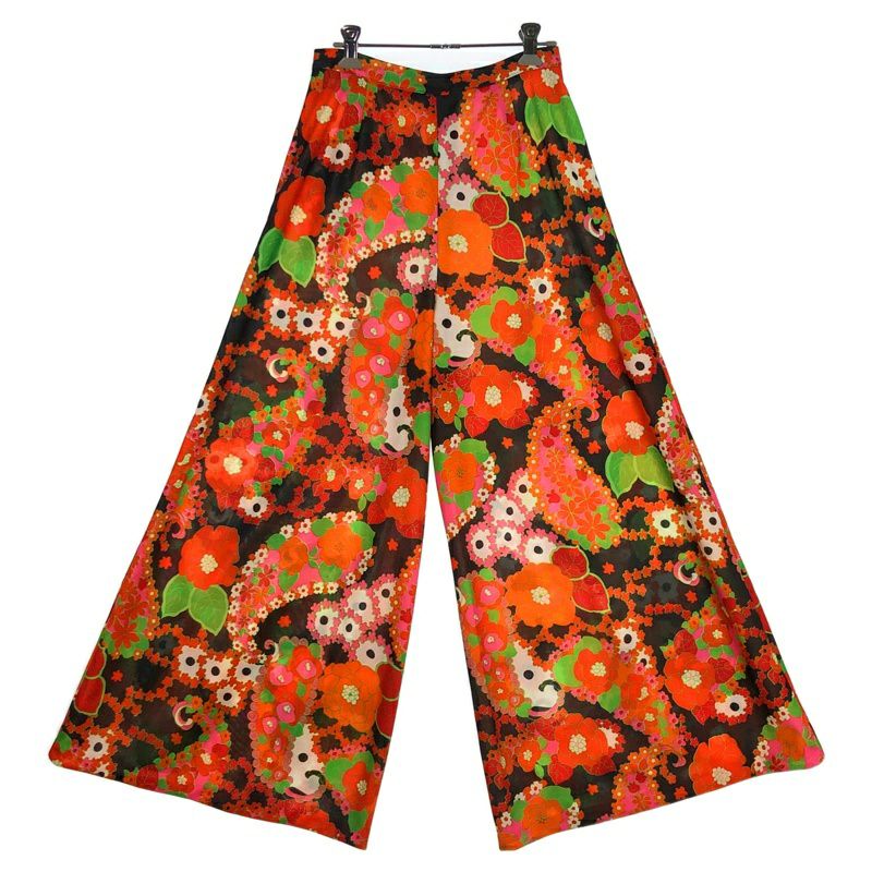 柄パンツ　総柄　デザインパンツ　レトロ　オシャレ　ワイド　お洒落　古着 古着 70s 花柄 ポリエステル ワイドパンツ | Flamingo Online 古着屋