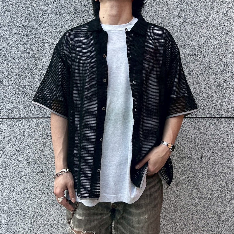 FAFATT メッシュ シースルー オープンカラー シャツ BLACK | Flamingo 