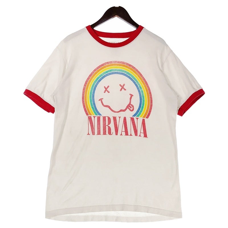 希少❗️早い者勝ち‼️ニルバーナ スマイル ロンT 袖プリ 黒 フェード 雰囲気抜群 古着 NIRVANA スマイルロゴ リンガーバンドTシャツ | Flamingo Online